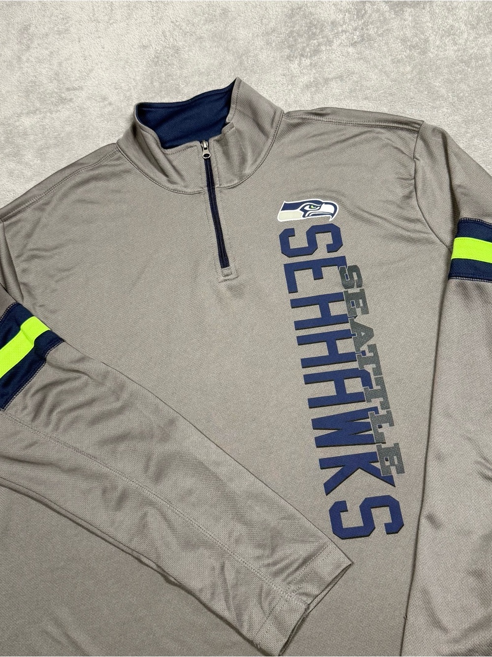 Seattle Seahawks 1/4 Zip Pullover Jacket Mens 2XL Gray Navy Neon Striped Sleeve